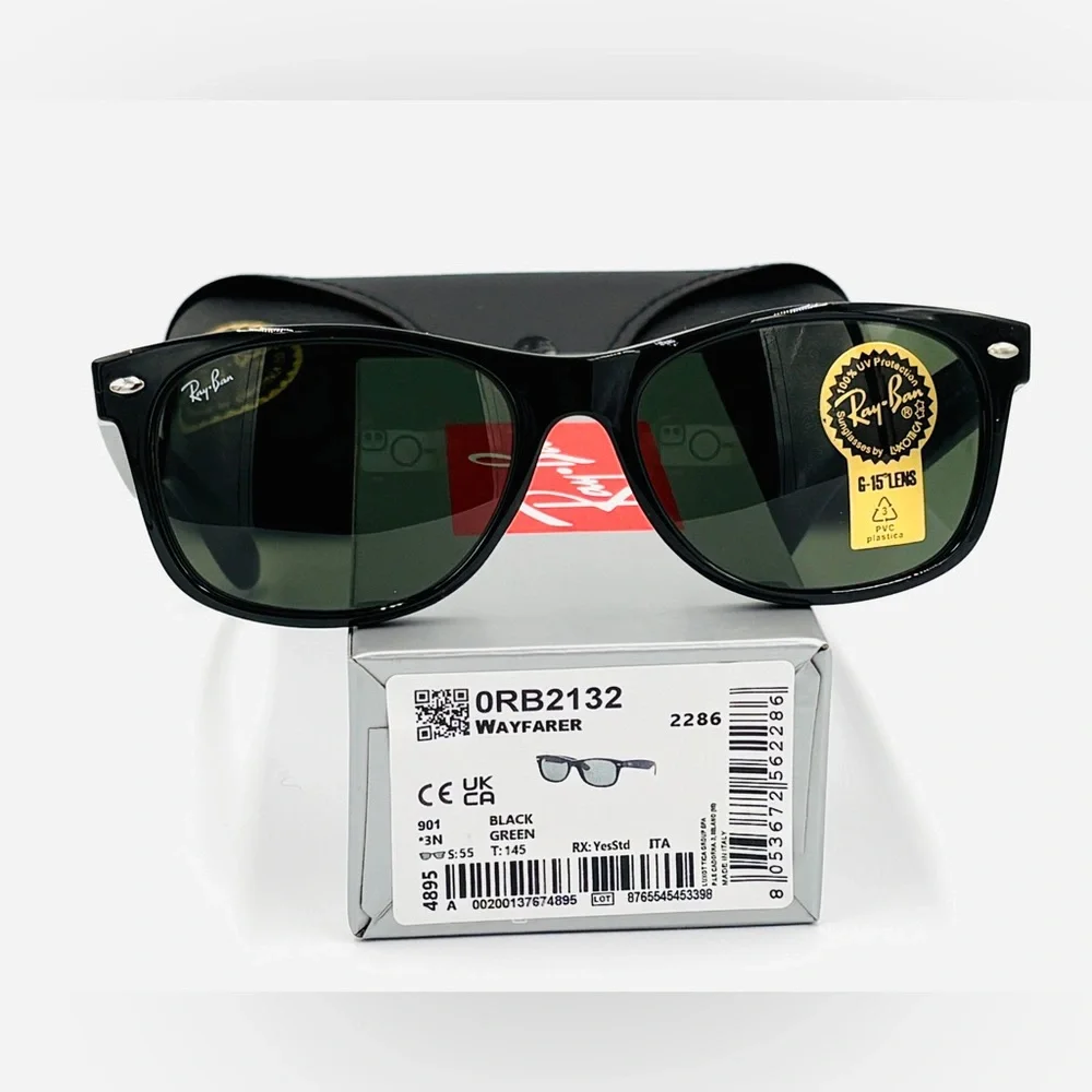Black Ray Ban Sunglasses RB2132 New Version Unisex Fit Rectangle G-15 Lens - Picture 9 of 11